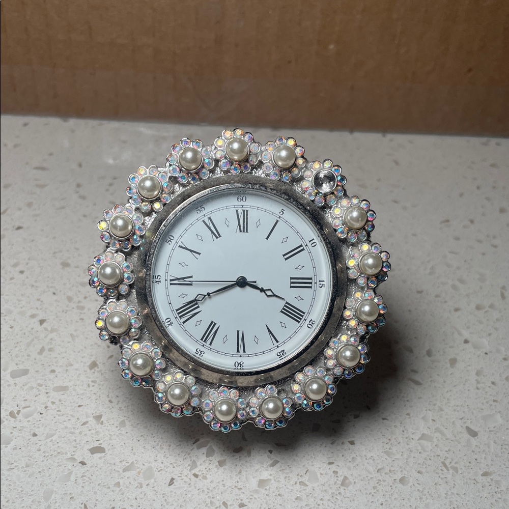 Rare Jay Strongwater Pearl and Swarovski Crystal Mantle Clock
